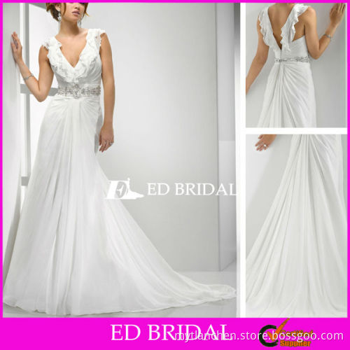 A Line Ruched Bodice Court Train Chiffon Crystal Belt At Empire Waist Pleated V Neck Ruffles Wedding Dresses